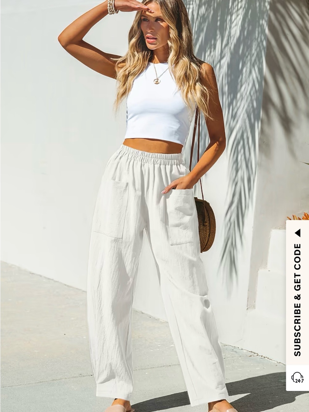 NWT Cupshe Seaside Escape White Elastic-Waist Wide Leg Pants Patch Pockets - Picture 4 of 9